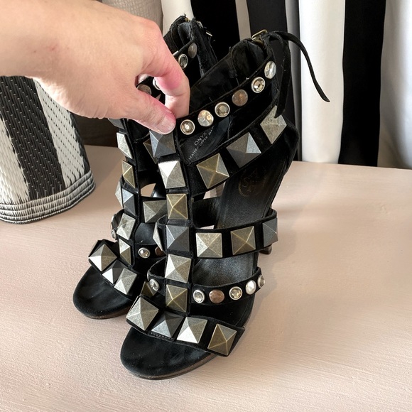 Ash Shoes - ASH Onyx Studded Strappy Gladiator High Heel Suede Sandal